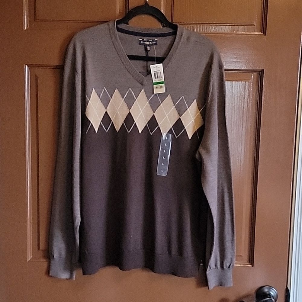 Club Room- Merino Wool Blend dk brown, light brown, tan sweater Large NWT - Picture 1 of 4